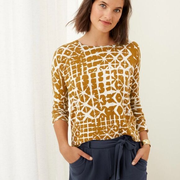 Garnet Hill Silk Cotton Boxy Fine Knit Batik Sweater Top Size Small Gold Mustard - Picture 2 of 7